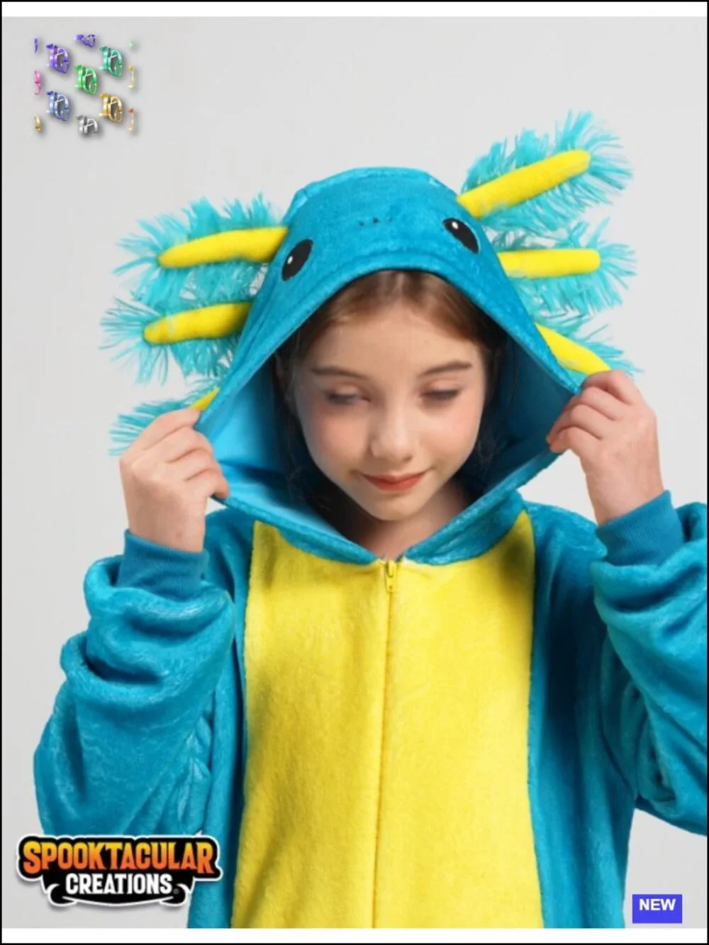 Kids Halloween Axolotl Costume Zip-Up Hooded Jumpsuit Cosplay Party One-Piece